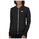 Charcoal Black Triblend SmithRock.com Lightweight Zipped Unisex Hoodie on female model