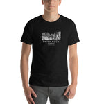 Smith Rock Canyon Graphic Novel Unisex T-Shirt black heather on model