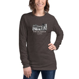 Smith Rock Canyon Graphic Novel Unisex Long Sleeve T-Shirt dark grey heather on model